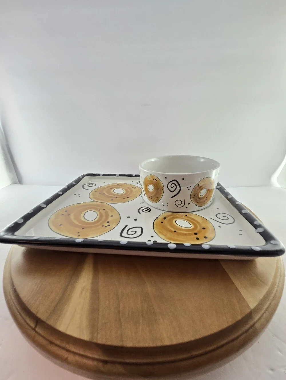Joanne DeLomba Ceramic Bagel Plate Set Hand Painted 90s Brunch Tray, Vintage